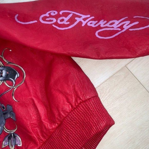 Ed Hardy Leather Jacket Women’s Size Medium Red ‎ Y2K Vintage Hooded Authentic - Picture 5 of 12